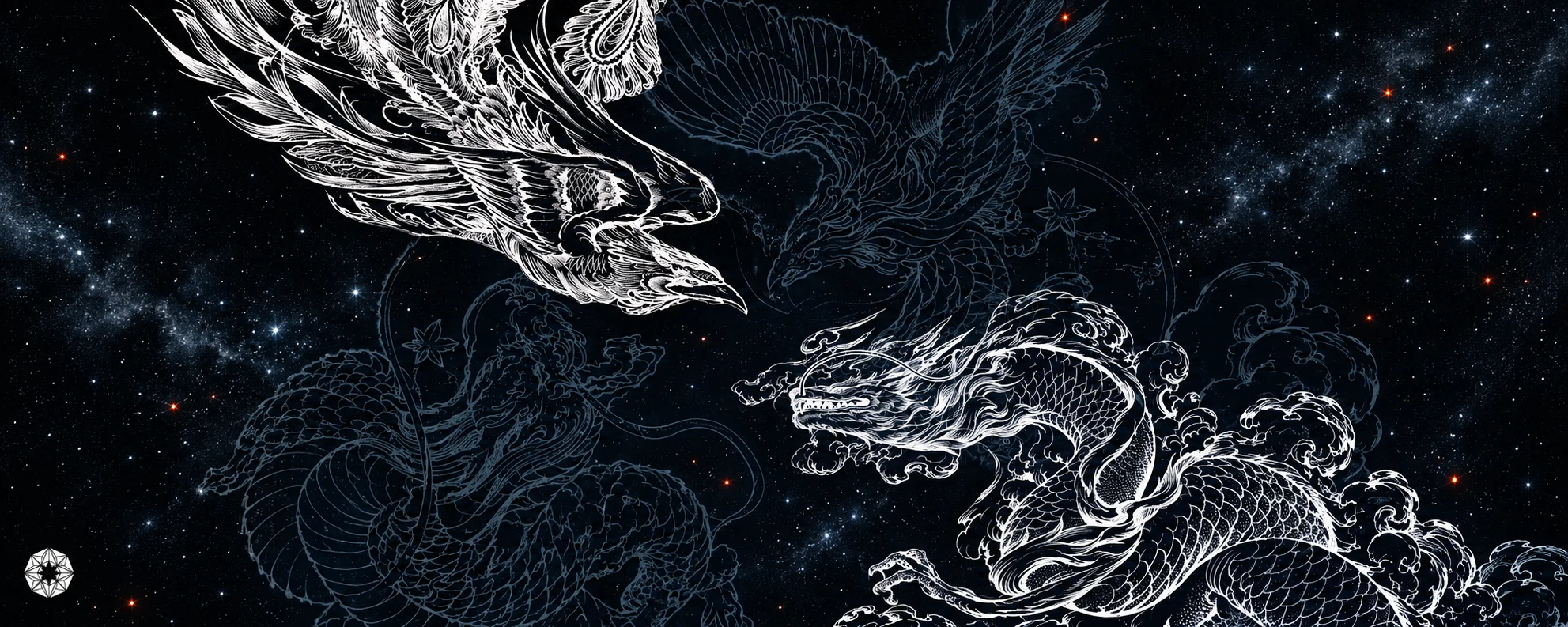 Silver linework of a phoenix and dragon against a deep black sky